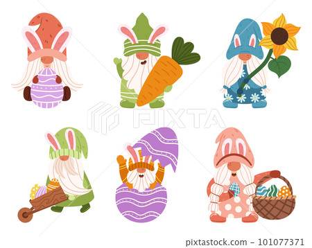 Set Of Cute Easter Gnomes In Various Poses And Colors. Delightful Characters For Promoting Easter-themed Products Set Of Cute Easter Gnomes In Various Poses And Colors. Delightful Characters For Promoting Easter-themed Products 101077371