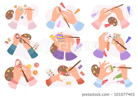 Set of Hands Holding Paintbrushes Painting Vibrant Patterns On Colorful Easter Eggs. Creativity, Tradition, And Joy Set of Hands Holding Paintbrushes Painting Vibrant Patterns On Colorful Easter Eggs. Creativity, Tradition, And Joy 101077403