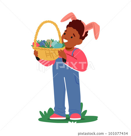 Little Boy Wearing Rabbit Ears Holding Basket Full Of Colorful Easter Eggs. Joy And Innocence Of Childhood Concept Little Boy Wearing Rabbit Ears Holding Basket Full Of Colorful Easter Eggs. Joy And Innocence Of Childhood Concept 101077434