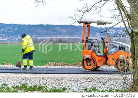 roller for asphalt compaction during the construction of a new road and traffic communication roller for asphalt compaction during the construction of a new road and traffic communication 101077738