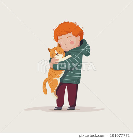 The ginger boy lovingly hugs his ginger cat.. Animal shelters and pet adoption concept. Vector illustration 101077771