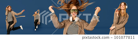 Set of images of young, beautiful blonde girl in trendy coat listening to music in headphones, dancing against blue background. Smiling Set of images of young, beautiful blonde girl in trendy coat listening to music in headphones, dancing against blue background. Smiling 101077811