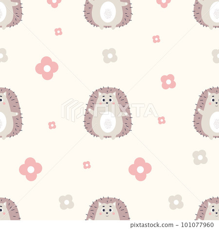 Seamless pattern with cute hedgehog on light background with flowers. Vector illustration for baby collection, design, wallpaper, textile and decor. Seamless pattern with cute hedgehog on light background with flowers. Vector illustration for baby collection, design, wallpaper, textile and decor. 101077960