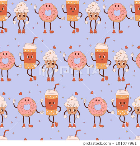 Groovy seamless pattern with retro characters. Cartoon coffee in paper cup, donut and cupcake with cream on blue background. Vector Illustration for wallpaper, design, textile, packaging, decor. 101077961