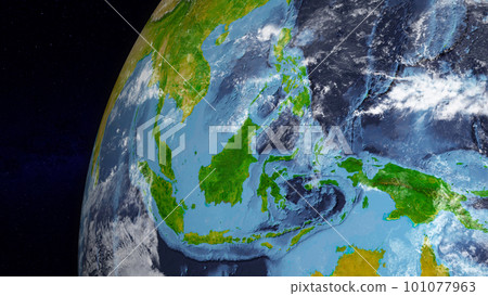 Realistic Earth globe zoomed and focused on Southeast Asia. Day side of Earth illuminated by sunshine and stars of universe on background. Elements of this image furnished by NASA 101077963