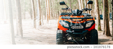 An ATV adventure through the forest at sunset, with nobody around and the red trees in the background, close up Extreme recreation activity concept 101078178