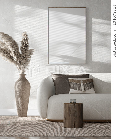 Contemporary classic white beige interior with furniture, dry leaves in vase and decor. 3d rendering illustration mockup. High quality 3d illustration 101078319