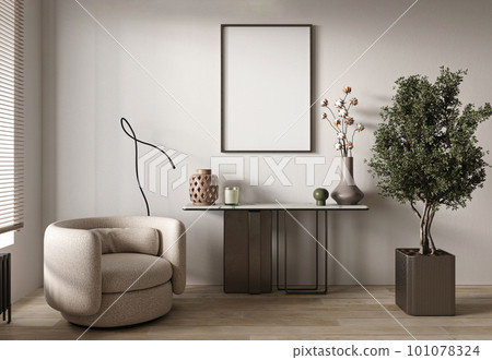 Blank wall mockup in bohemian concept simple living room interior design. Background with chair, retro painting and plants. 3d rendering. High quality 3d illustration 101078324