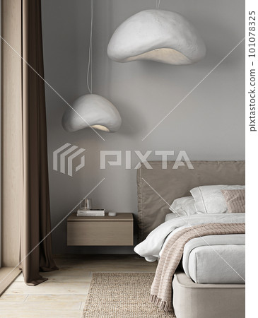 Minimal japenese bedroom interior. Bed with blanket and pillows, carpet on hardwood floor. Mockup empty white wall side view. 3d rendering. High quality 3d illustration 101078325