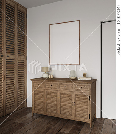 Contemporary light gallery room interior with wooden dresser and art decoration. Mock up canvas rectangular picture poster. 3d rendering. High quality 3d illustration 101078345