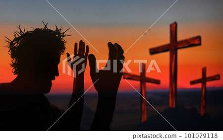 Christ Portrait with crown of thorns and Three Crosses On Calvary Hill Christ Portrait with crown of thorns and Three Crosses On Calvary Hill 101079118