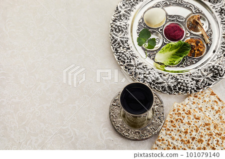 Composition with symbolic Passover, Pesach, items and meal on vintage background, Composition with symbolic Passover, Pesach, items and meal on vintage background, 101079140