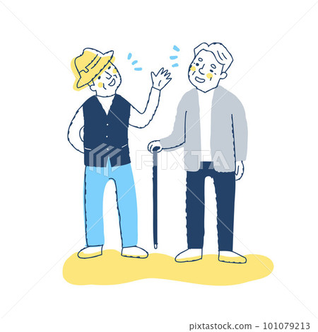 Two senior men standing and talking happily 101079213