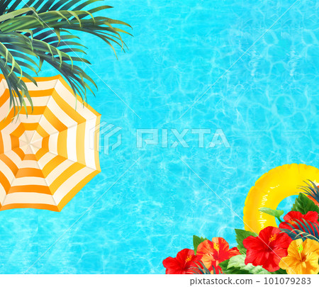 Floating ring floating in the beautiful sea seen from above, palm leaves, hibiscus and parasol Summer fashionable frame background material Floating ring floating in the beautiful sea seen from above, palm leaves, hibiscus and parasol Summer fashionable frame background material 101079283