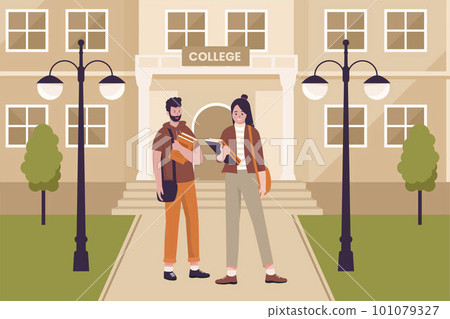 Flat design of college students in university. Illustrations for websites, landing pages, mobile apps, posters and banners. Trendy flat vector illustration 101079327