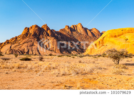 Pontok Mountains near Spitzkoppe. Red vivid granite rock formation in Namib Desert at sunset time, Namibia, Africa Pontok Mountains near Spitzkoppe. Red vivid granite rock formation in Namib Desert at sunset time, Namibia, Africa 101079629