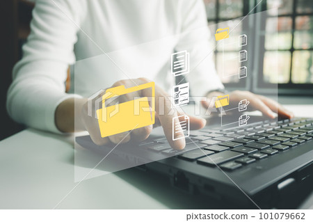 Officer using laptop manage files, Document Management System (DMS), Online document database management, automated processes to manage system, ERP enterprise efficient, business technology. Officer using laptop manage files, Document Management System (DMS), Online document database management, automated processes to manage system, ERP enterprise efficient, business technology. 101079662