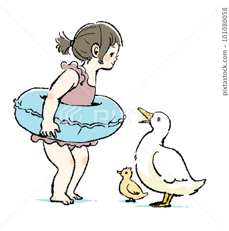 女孩穿浮環泳衣和鴨子的親子插畫 101080058