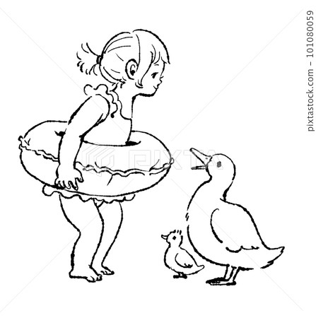 A monochrome illustration of a girl wearing a swimsuit with a float and a parent and child of a duck 101080059