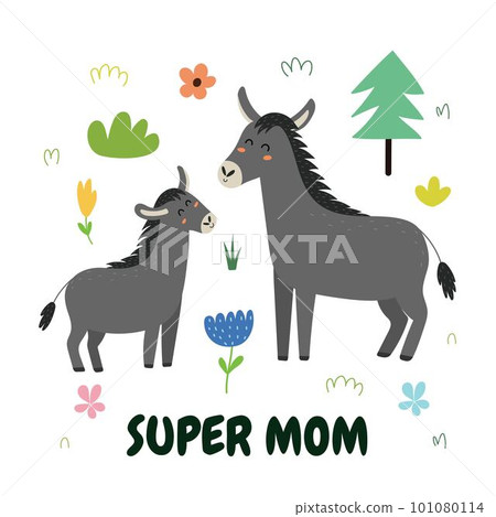 Super Mom print with a cute mother donkey and her baby foal. Funny animals family card Super Mom print with a cute mother donkey and her baby foal. Funny animals family card 101080114