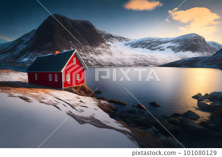 Sunset at a lone red house by a lake. Generative AI. Sunset at a lone red house by a lake. Generative AI. 101080129