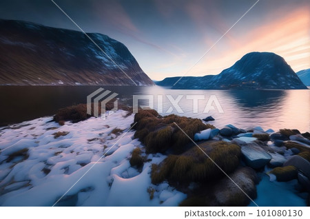 Sunset at mountain lake, a magnificent display of natural beauty. Generative AI. Sunset at mountain lake, a magnificent display of natural beauty. Generative AI. 101080130