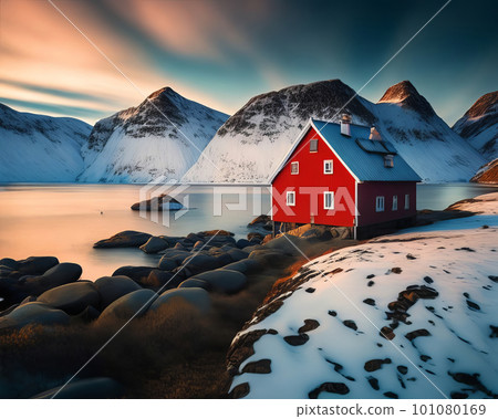 Sunset at a lone red house by a lake. Generative AI. Sunset at a lone red house by a lake. Generative AI. 101080169