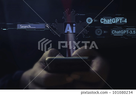 Ai or Artificial Intelligence.Young businessman with ChatGPT Chat for searching data management. ChatGPT or chatbot developed by OpenAI. Photo concept of Ai and technology. Ai or Artificial Intelligence.Young businessman with ChatGPT Chat for searching data management. ChatGPT or chatbot developed by OpenAI. Photo concept of Ai and technology. 101080234
