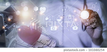 Double exposure Medicine doctor and health care.Health care with medical working in hospital.study,vaccine, rising growth.COVID-19. Photo Medical and technology concept. 101080254