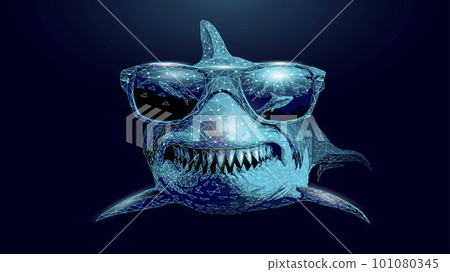 Ocean shark in sunglasses. Open toothy dangerous mouth with many teeth. Underwater blue sea waves clear water shark swims forward. 101080345