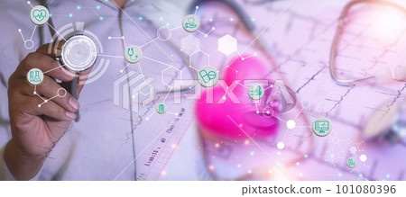Double exposure Medicine doctor and health care.Health care icon with medical network connection. study,vaccine, rising growth.COVID-19. Photo Medical and technology concept. Double exposure Medicine doctor and health care.Health care icon with medical network connection. study,vaccine, rising growth.COVID-19. Photo Medical and technology concept. 101080396