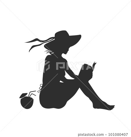 Isolated girl reading a book on the beach. Black silhouette of a young woman. Portrait of a seated woman in a hat with a cocktail. Relax scene Isolated girl reading a book on the beach. Black silhouette of a young woman. Portrait of a seated woman in a hat with a cocktail. Relax scene 101080407