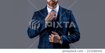 cropped view of boss in formalwear suit. boss in formalwear isolated on grey background. 101080442