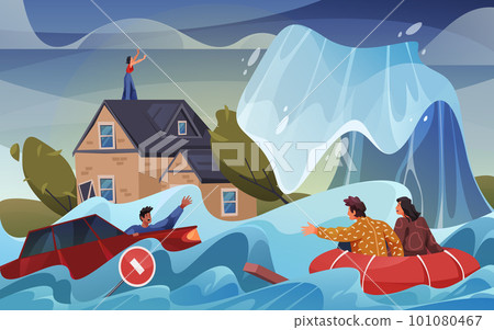 Tsunami disaster, vector illustration or image. Landscape of natural catastrophe, flood or hurricane. Cyclone or weather phenomenon. Houses destruction or damage. Hight sea or ocean waves. 101080467