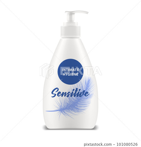 Realistic bottle of intimate soap or woman lotion. Dispenser for women hygiene clipart. Isolated container for skin treatment. Liquid female product. Medical or cosmetic, hygienic and health theme. Realistic bottle of intimate soap or woman lotion. Dispenser for women hygiene clipart. Isolated container for skin treatment. Liquid female product. Medical or cosmetic, hygienic and health theme. 101080526