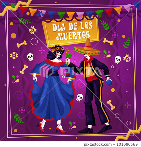 Dia de los muertos, greeting card or banner. Vector illustration. Traditional mexican holiday, memorial day of the dead family members. Skeleton characters dance on the festival. Dia de los muertos, greeting card or banner. Vector illustration. Traditional mexican holiday, memorial day of the dead family members. Skeleton characters dance on the festival. 101080569