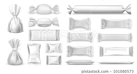 Realistic wrap or pack for food packaging. Set of isolated wrapper for sugar and confectionary. Sachet for salt and bag for sweet. Mockup and closeup products for snack packing, retail theme. Realistic wrap or pack for food packaging. Set of isolated wrapper for sugar and confectionary. Sachet for salt and bag for sweet. Mockup and closeup products for snack packing, retail theme. 101080573