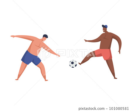 Vector image of cartoon male playing beach soccer. Summer football game illustration. Outdoor activity and men leisure. Fitness and health exercise. Ball player poster. Summer and holiday theme. Vector image of cartoon male playing beach soccer. Summer football game illustration. Outdoor activity and men leisure. Fitness and health exercise. Ball player poster. Summer and holiday theme. 101080581