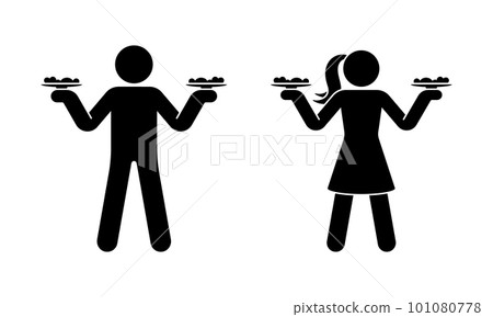 Stick figure man woman waiter waitress standing with meal plates vector set. Stickman people serve food icon pictogram Stick figure man woman waiter waitress standing with meal plates vector set. Stickman people serve food icon pictogram 101080778