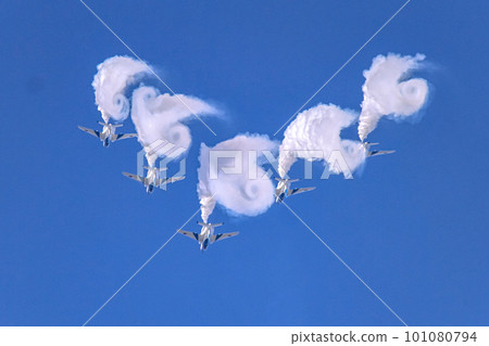 Blue Impulse emitting smoke in the sky Blue Impulse emitting smoke in the sky 101080794