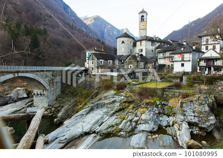 View of the Swiss mountain town of Lavertezzo. Switzerland. canton Ticino 101080995