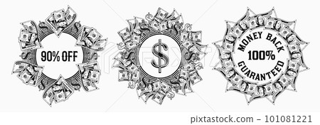 Set of monochrome circular money frames with US dollar bills, dollar sign, copy space. Logo, emblem, badge for advertisement, sale, offer, discount, winner award, congratulations. White background. 101081221