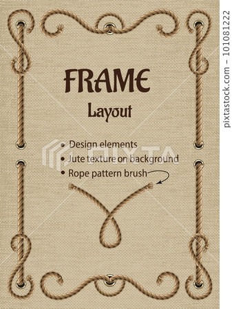 Vintage frame with set of design elements. Rope pattern brush, beige jute textile texture behind. Vintage style. Modifiable template for menu, poster, invitation etc 101081222