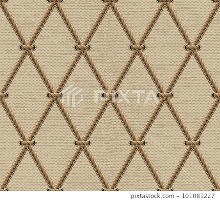 Seamless geometric pattern with net made of hemp rope, texture of jute fabric behind. Rhombus grid. Vintage style. Seamless geometric pattern with net made of hemp rope, texture of jute fabric behind. Rhombus grid. Vintage style. 101081227