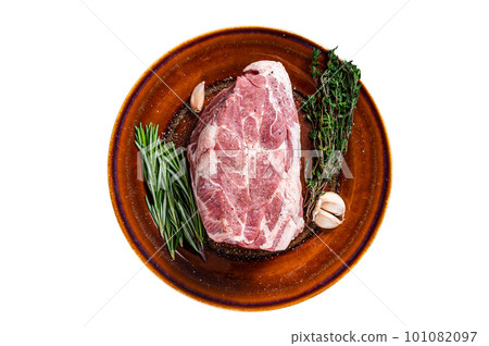 Fresh raw Pork Neck meat steak in rustic plate. Isolated on white background. 101082097