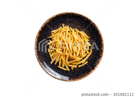 Homemade Baked Potato french fries in rustic palte with thyme. Isolated on white background. 101082111