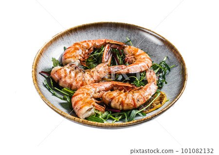 Salad with grilled Giant shrimps prawns in plate. Isolated on white background. 101082132