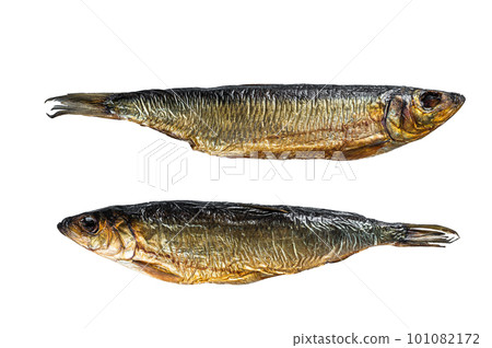 Hot smoked whole herrings on kitchen table. Isolated on white background. 101082172