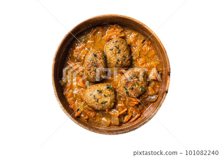 Cutlets or Fish balls with tuna in tomato sauce. Isolated on white background. Cutlets or Fish balls with tuna in tomato sauce. Isolated on white background. 101082240