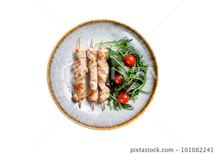 Chicken skewers souvlaki, grilled meat shish kebab skewers. Isolated on white background. Chicken skewers souvlaki, grilled meat shish kebab skewers. Isolated on white background. 101082241
